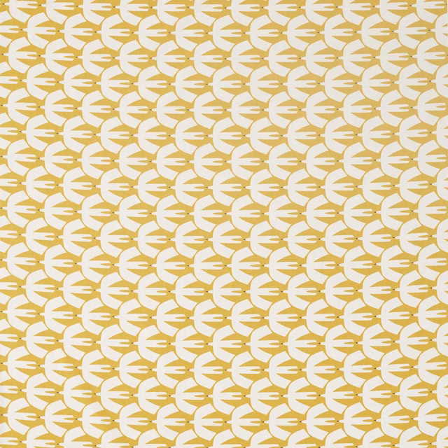Warm dandelion yellow fabric with repeated cream bird-like motifs in neat rows