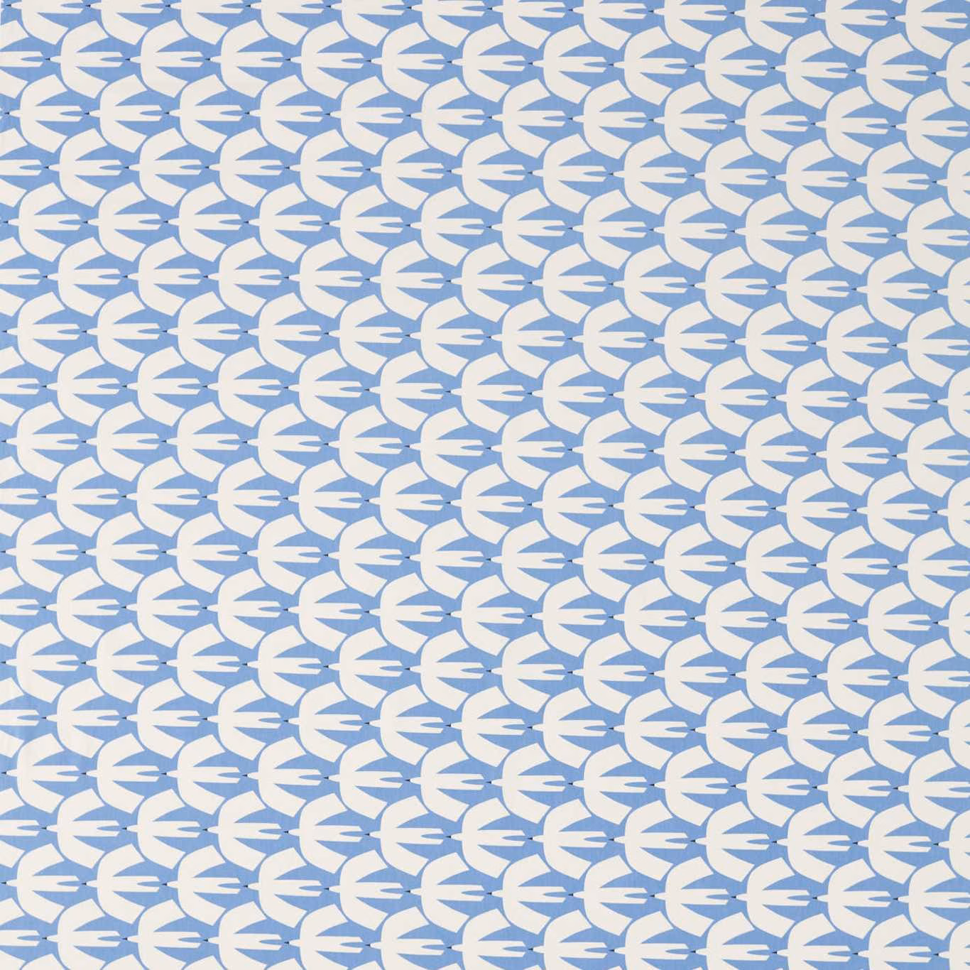 Electric blue textile with repeating ivory bird-like motifs in compact horizontal rows