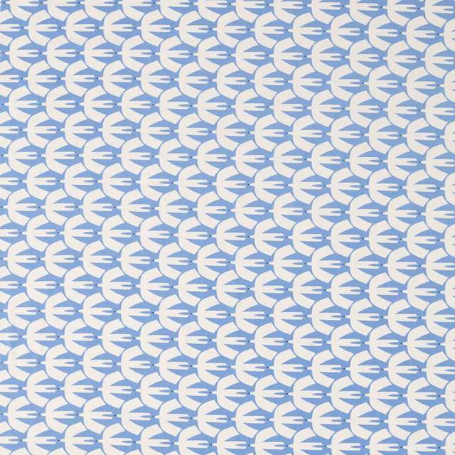 Electric blue textile with repeating ivory bird-like motifs in compact horizontal rows