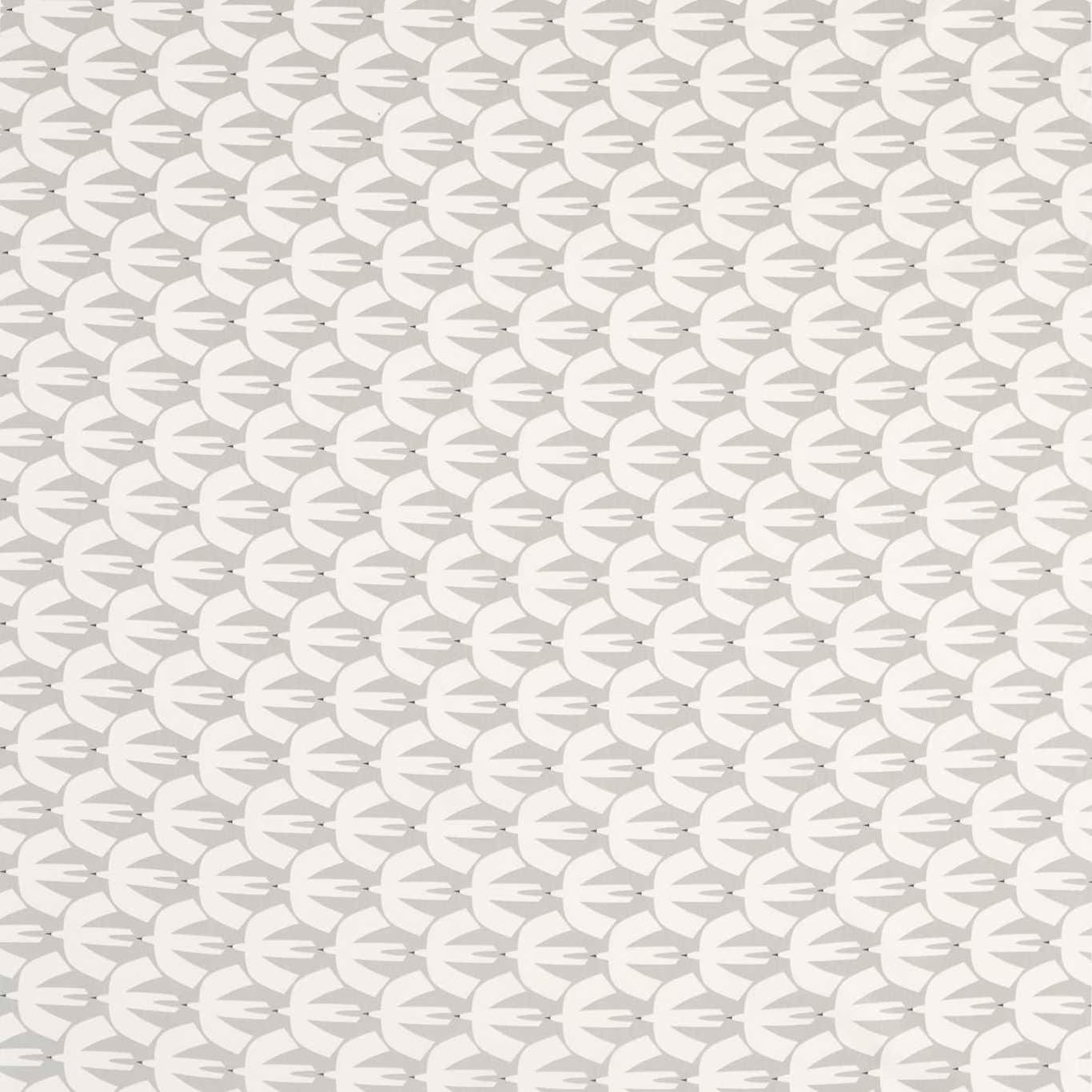 Pale steel grey fabric with rows of small ivory abstract bird-like motifs