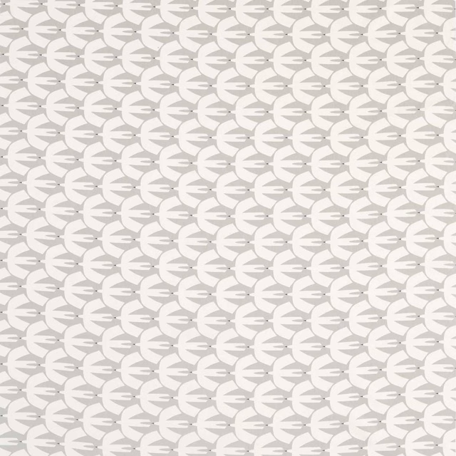 Pale steel grey fabric with rows of small ivory abstract bird-like motifs