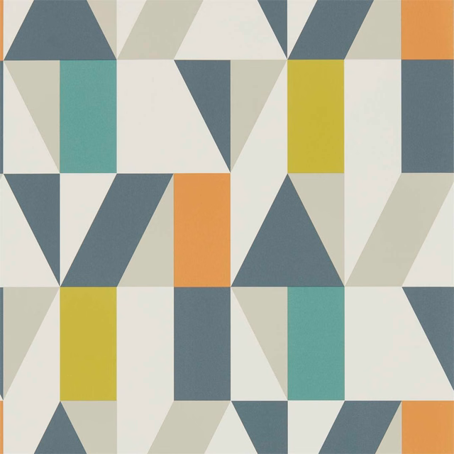 Angular wallpaper blocks in slate blue, citrus yellow, paprika orange and teal