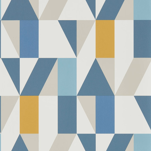 Indigo slate geometric triangles with pale neutrals and a satsuma block