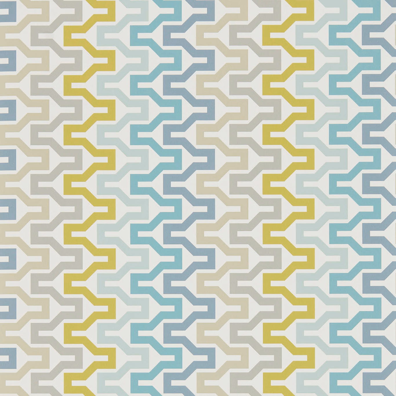 Aqua, slate blue, warm grey and kiwi stepped geometric wallpaper pattern