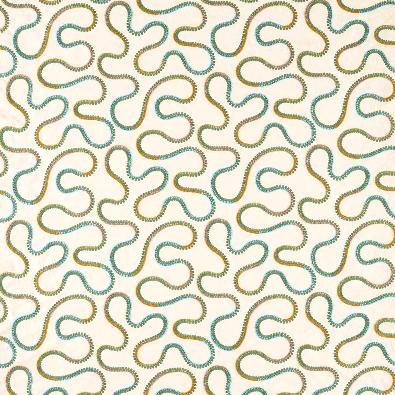 Ivory fabric with teal, moss, blush and ochre looping embroidered lines