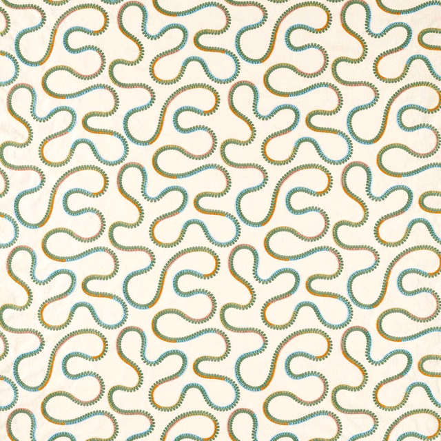 Ivory fabric with teal, moss, blush and ochre looping embroidered lines