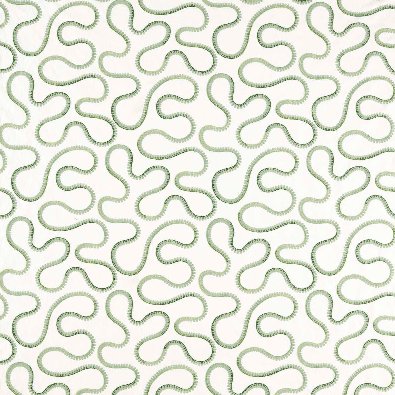 Ivory fabric with looping muted pine-green embroidery and tactile stitched edges