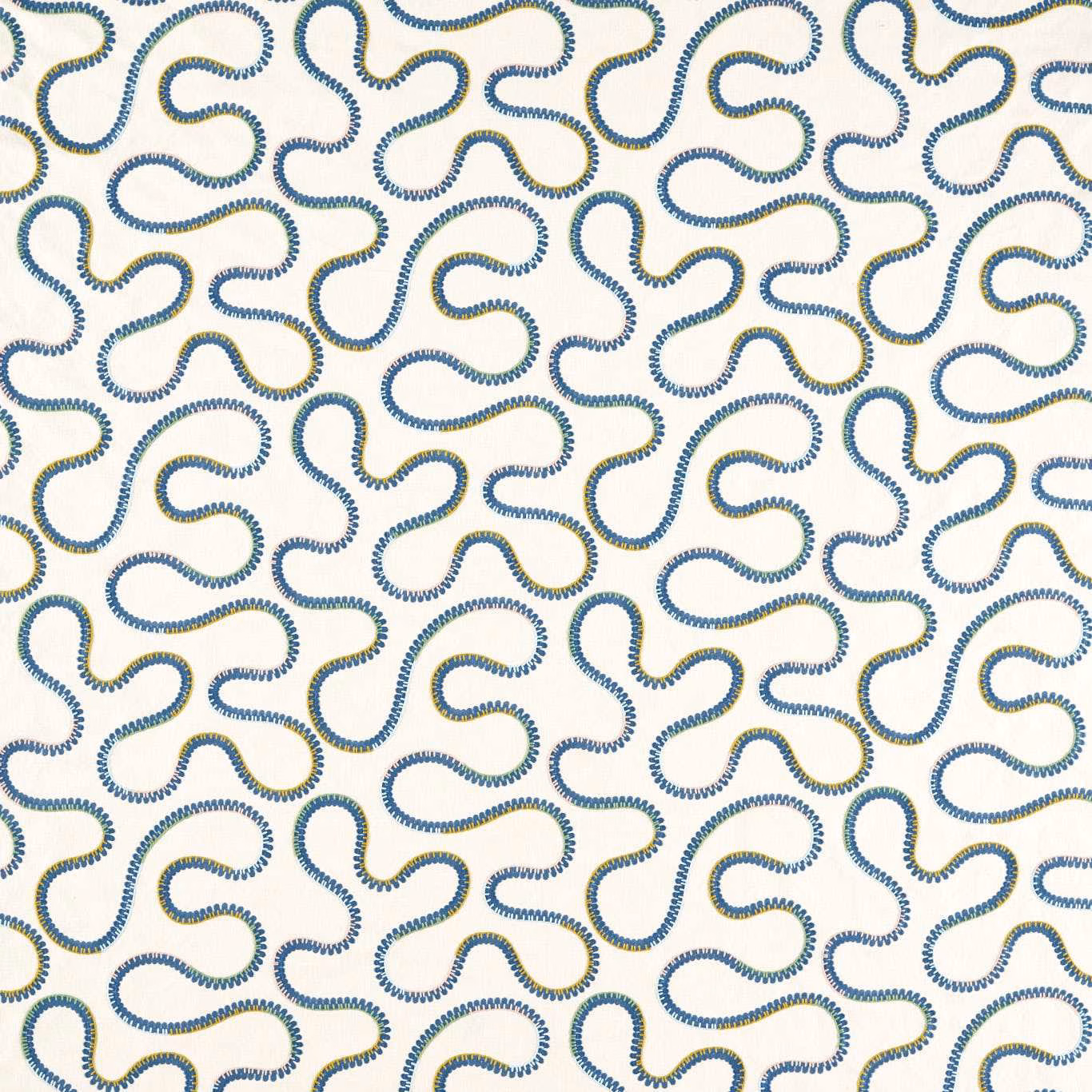 Cream fabric with repeating navy and soft gold embroidered looping squiggles
