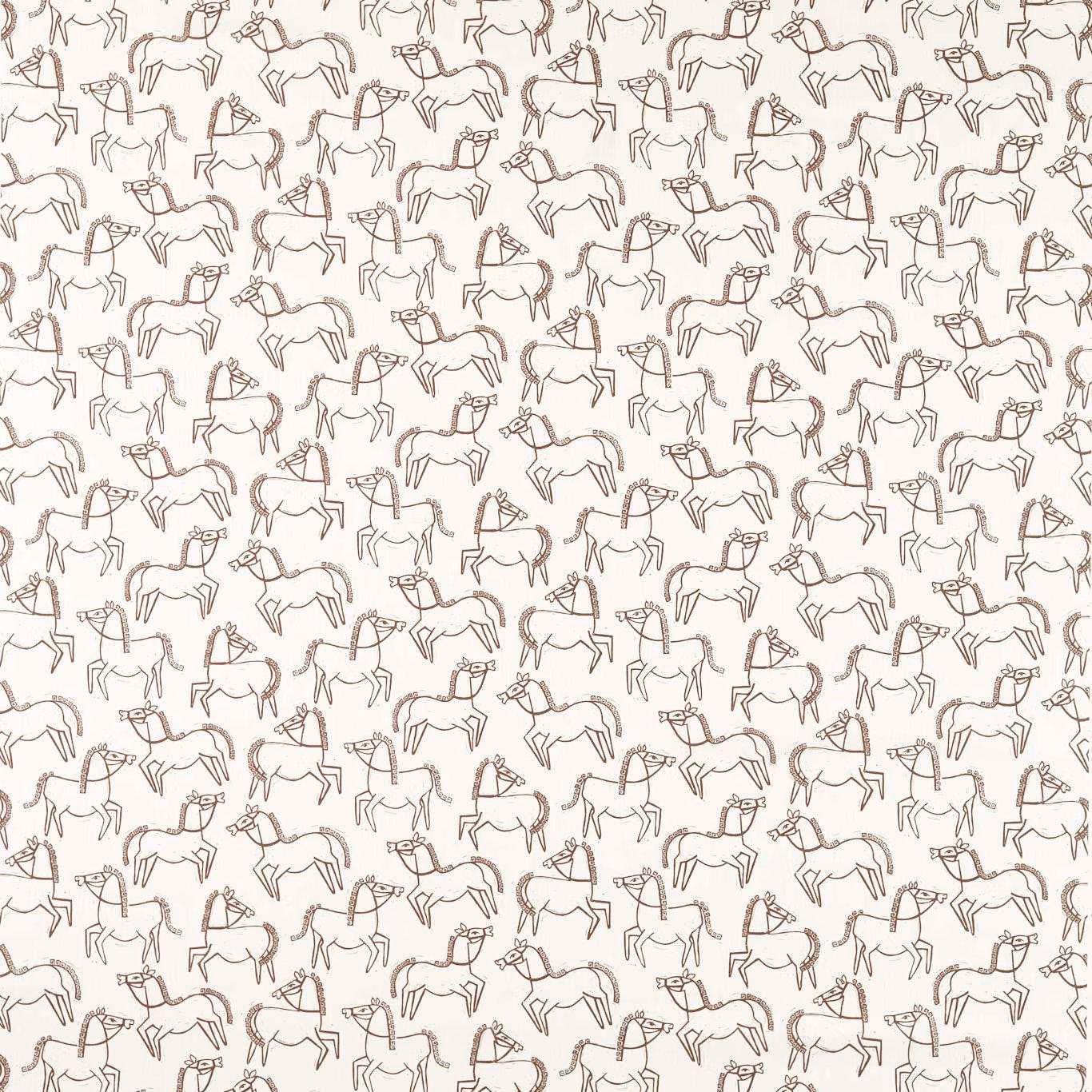 Chestnut horse outlines repeating across a soft cream fabric ground