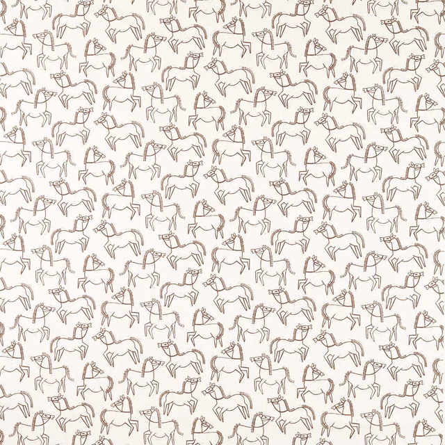 Chestnut horse outlines repeating across a soft cream fabric ground