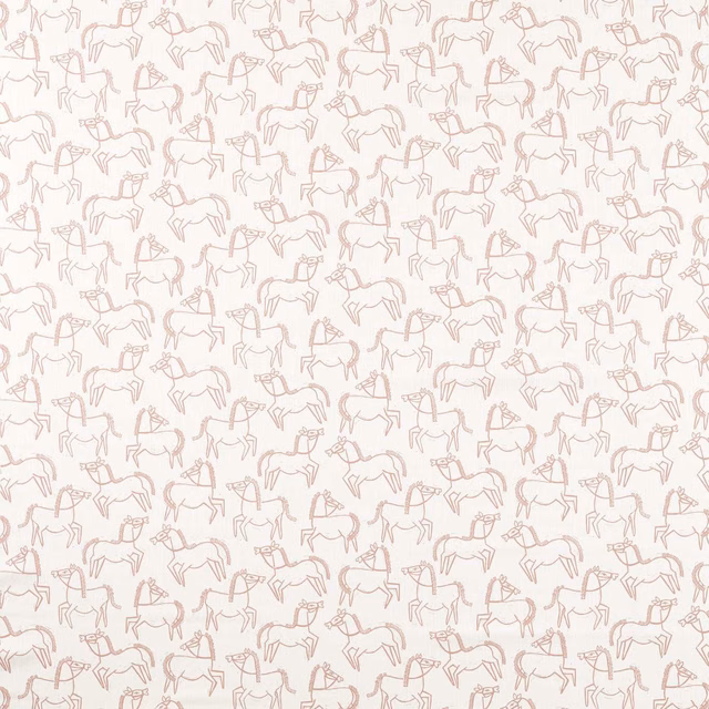 Warm ivory fabric with small blush-pink horse sketches in an all-over repeat
