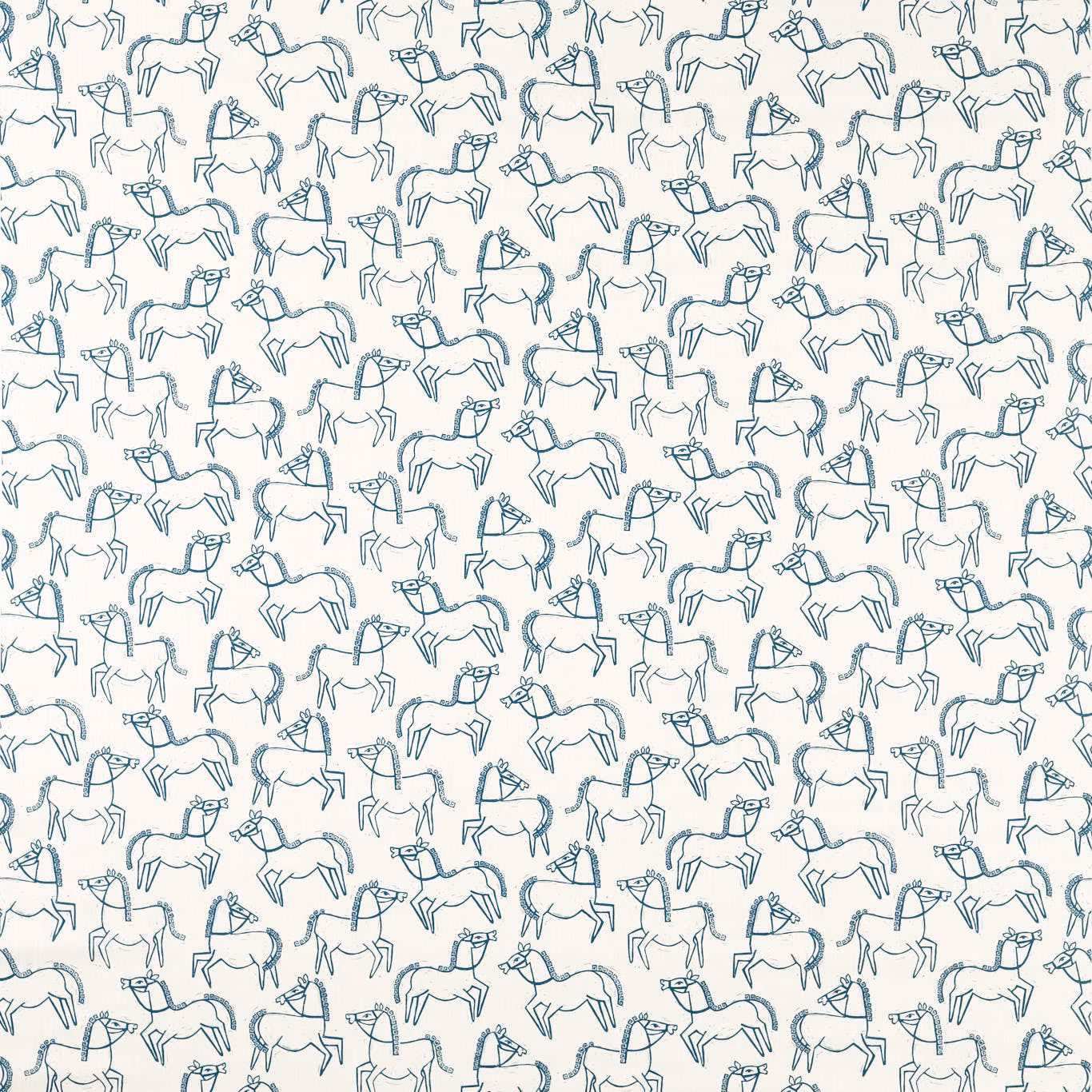 Soft cream fabric with small ink-blue horse outlines in a repeating print