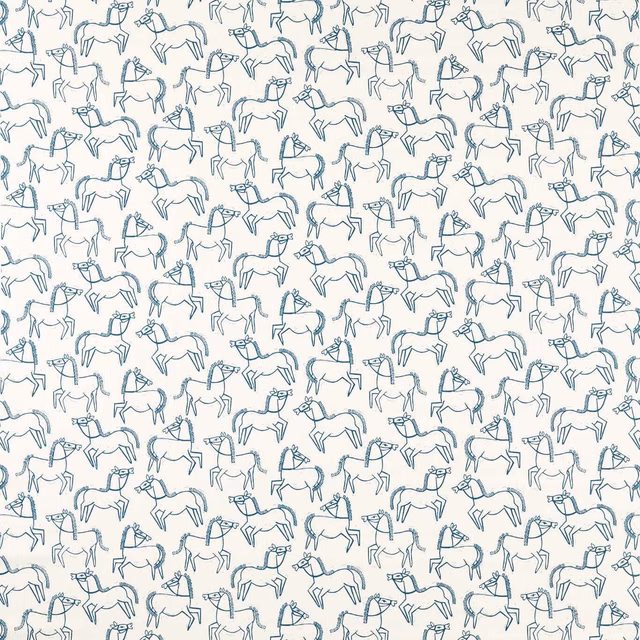 Soft cream fabric with small ink-blue horse outlines in a repeating print
