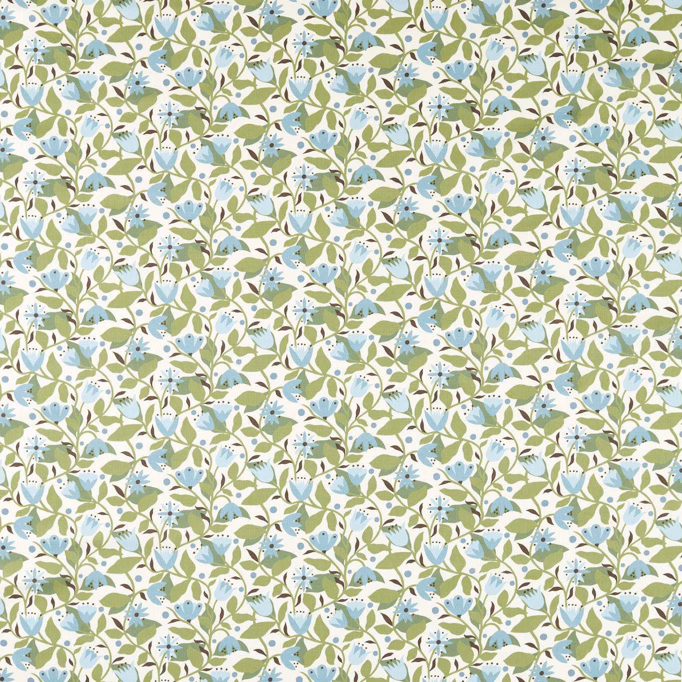 Pale cornflower-blue floral fabric with green leaves on a white ground