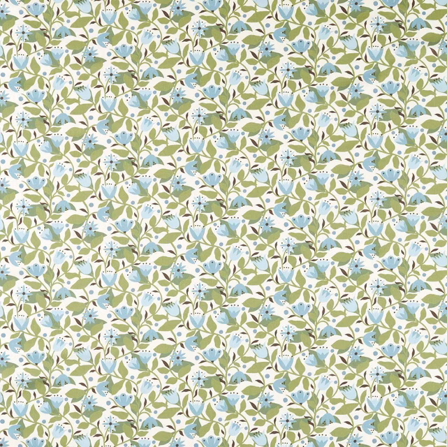 Pale cornflower-blue floral fabric with green leaves on a white ground