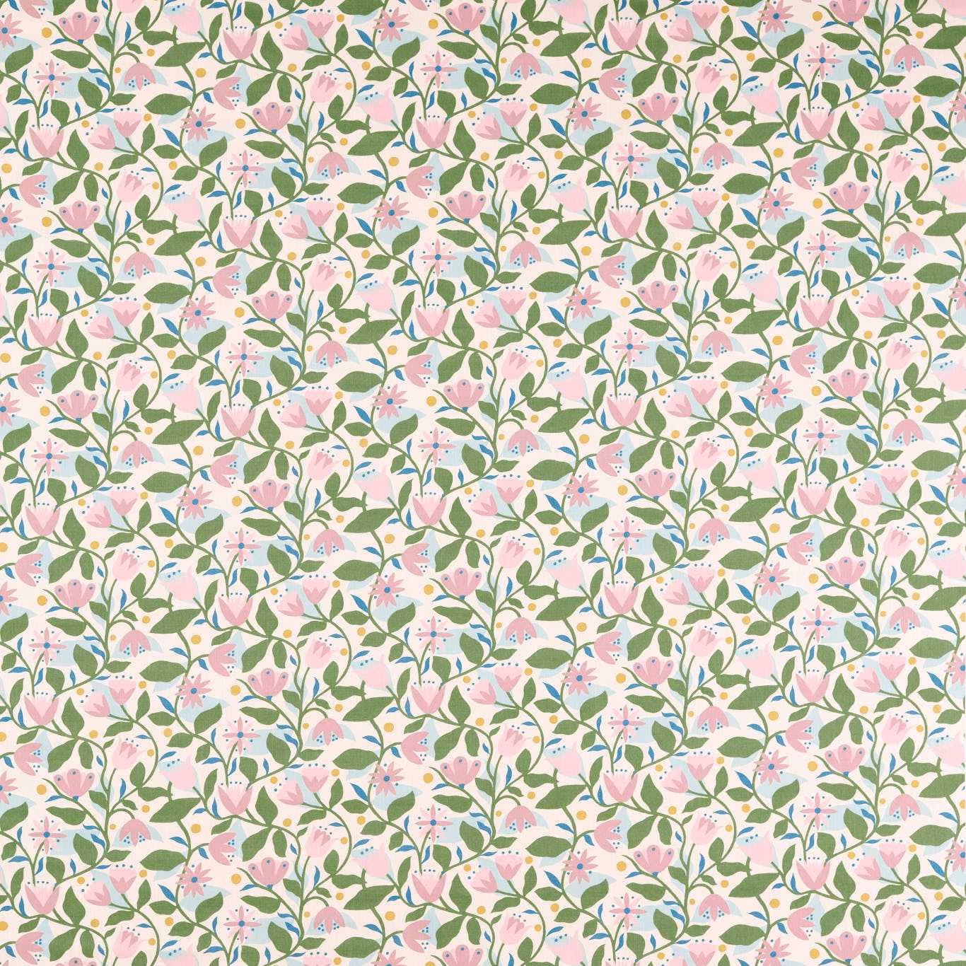 Pale lilac floral fabric with pink daisies, olive leaves and fine blue accents