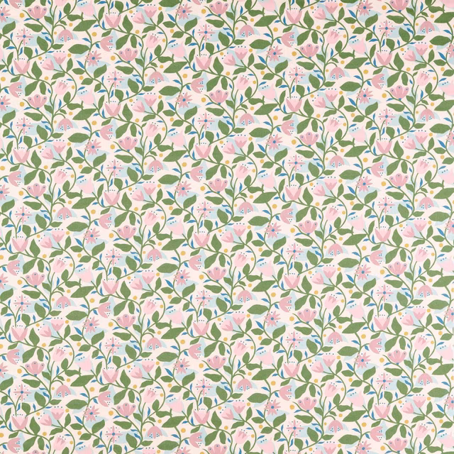 Pale lilac floral fabric with pink daisies, olive leaves and fine blue accents
