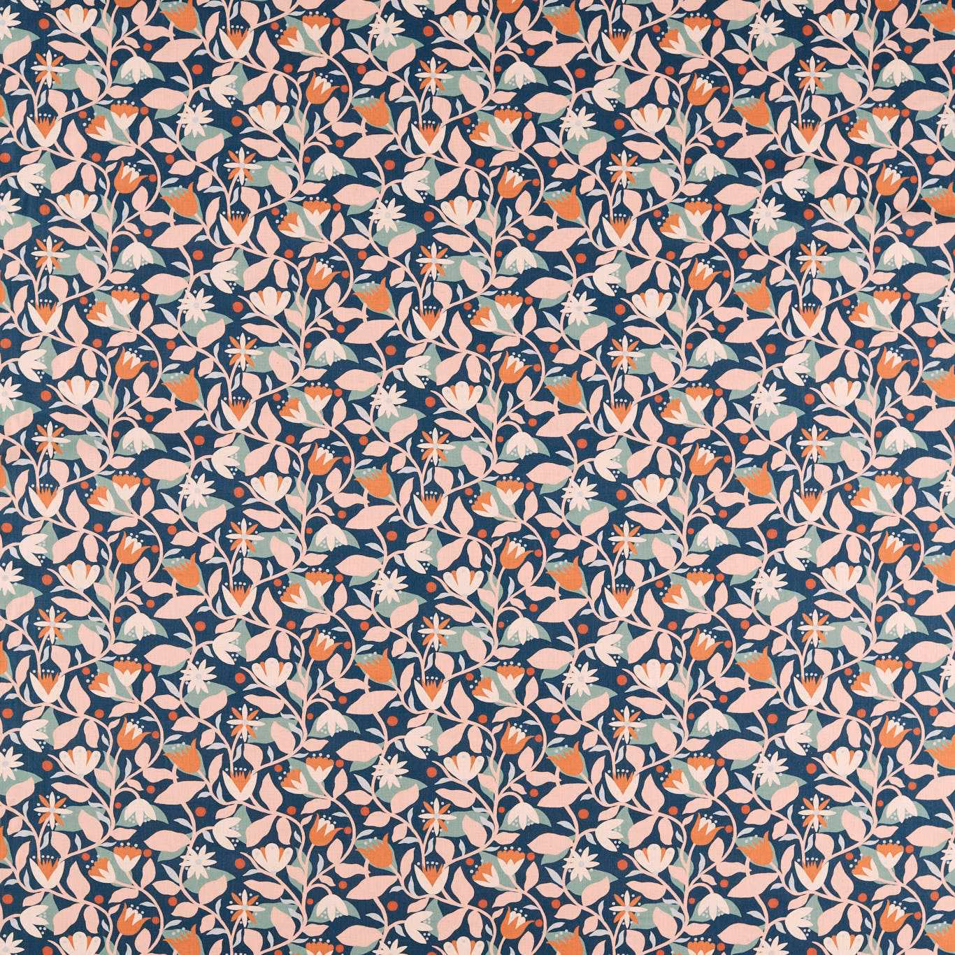 Coral, blush and cream daisies scattered across a deep midnight blue botanical fabric