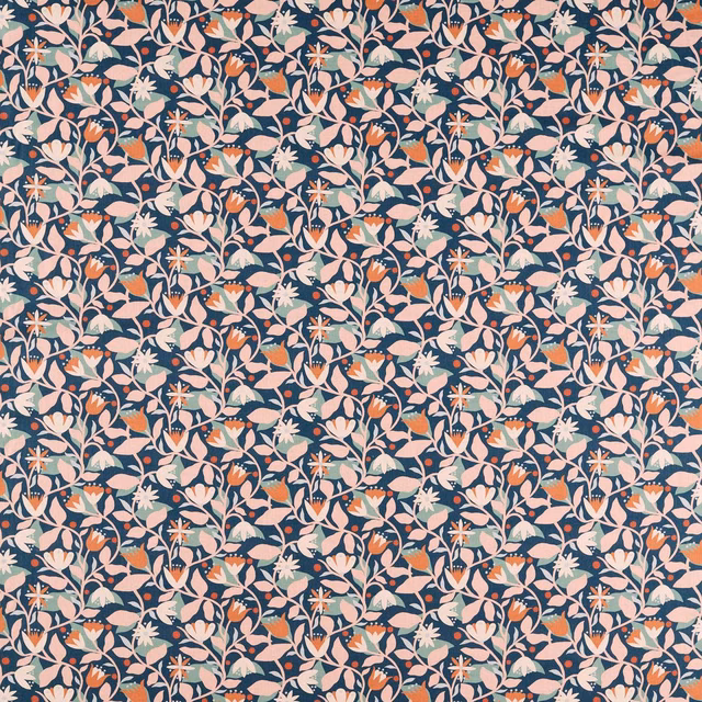 Coral, blush and cream daisies scattered across a deep midnight blue botanical fabric
