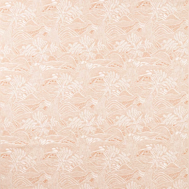 Pale peach woven fabric with ivory wave-like foliage and fine botanical linework