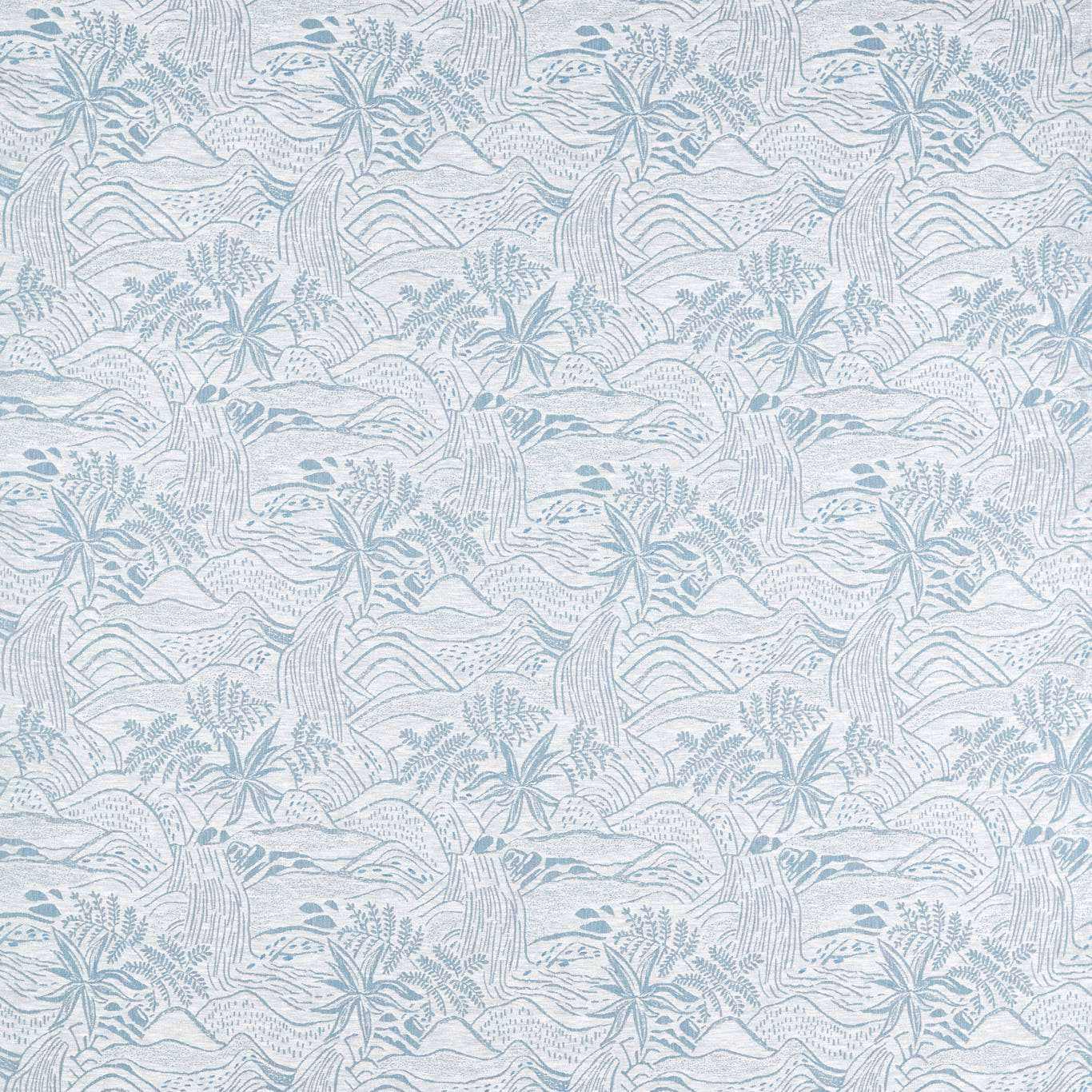 Pale mist blue-grey woven fabric with stylised botanical landscape motifs