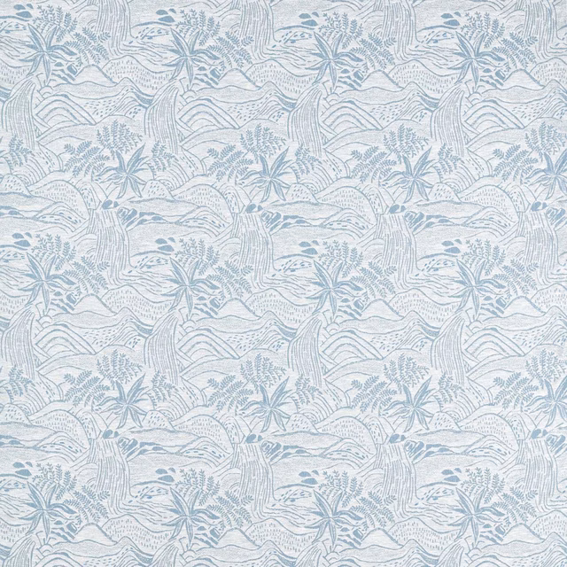 Pale mist blue-grey woven fabric with stylised botanical landscape motifs