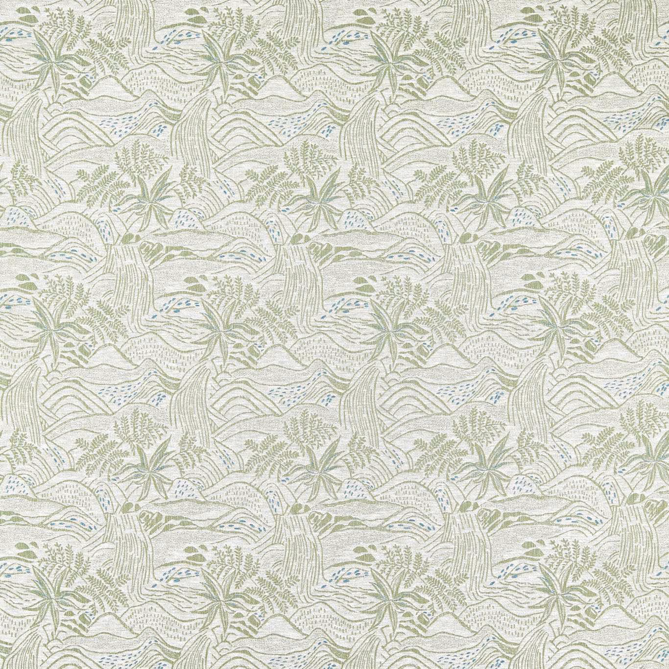 Pale seaglass woven fabric with sage hills, foliage and tiny blue accents