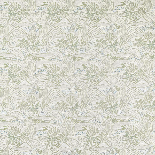 Pale seaglass woven fabric with sage hills, foliage and tiny blue accents