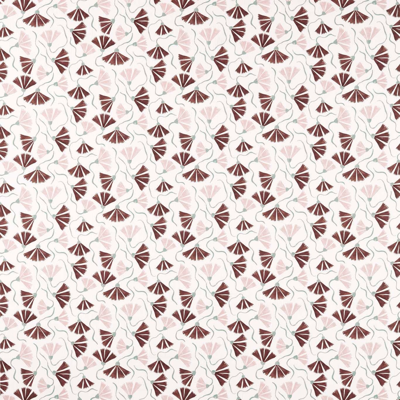 Cream fabric with dusk-pink and chestnut fan-shaped floral motifs and pale green stems