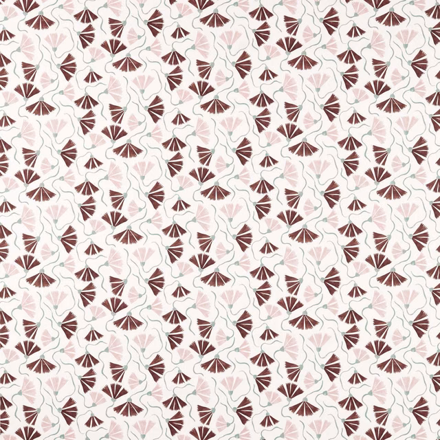 Cream fabric with dusk-pink and chestnut fan-shaped floral motifs and pale green stems