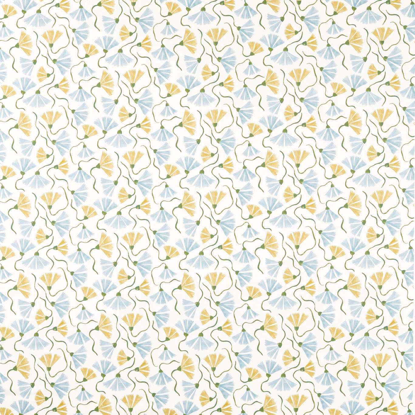 Honey and cornflower botanical print with green stems on a warm white fabric ground