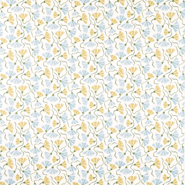 Honey and cornflower botanical print with green stems on a warm white fabric ground
