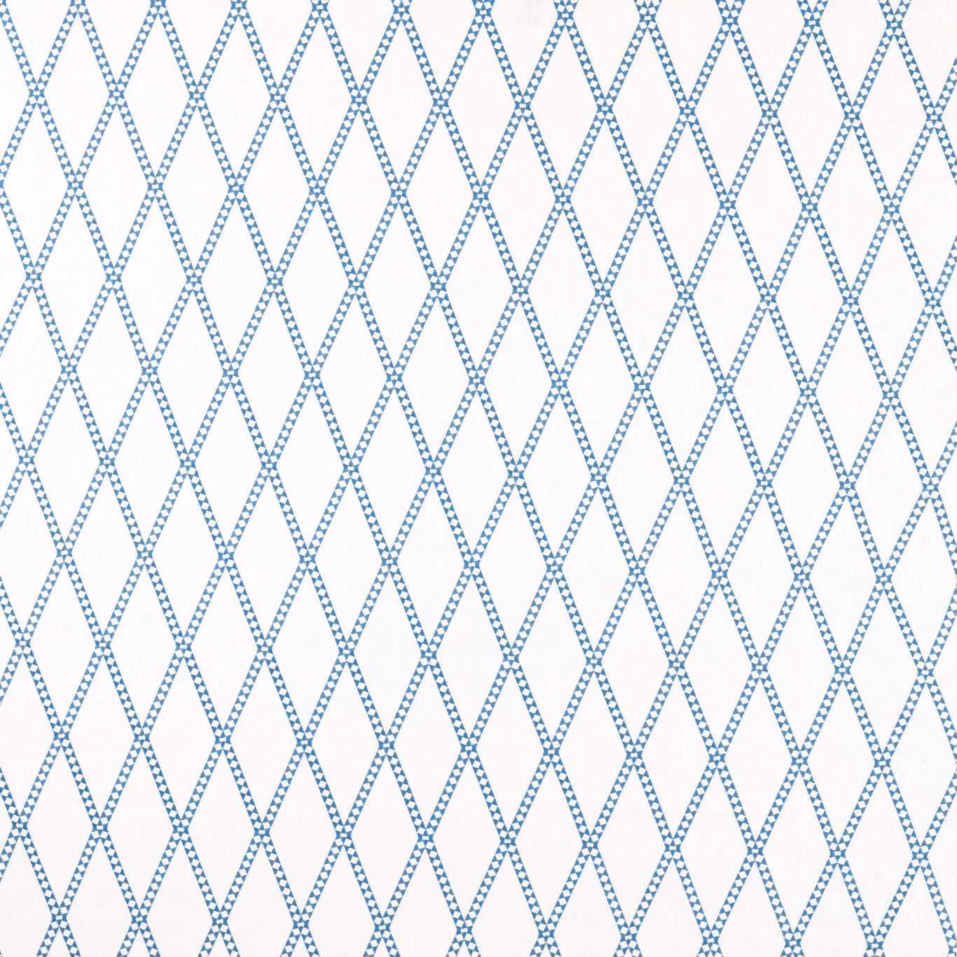 Cool denim-blue dotted diamond lattice embroidery on a pale white ground
