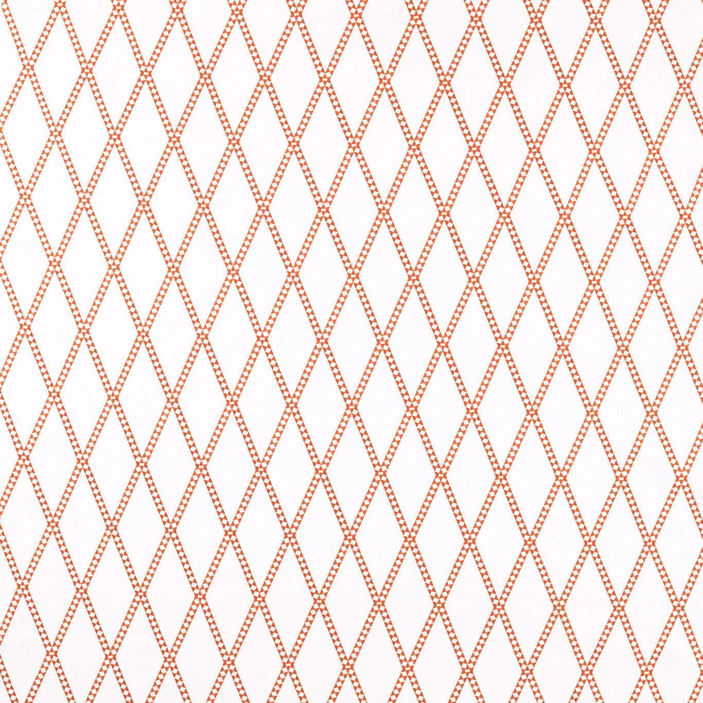 Warm tomato-red embroidered diamond lattice on a crisp white fabric ground