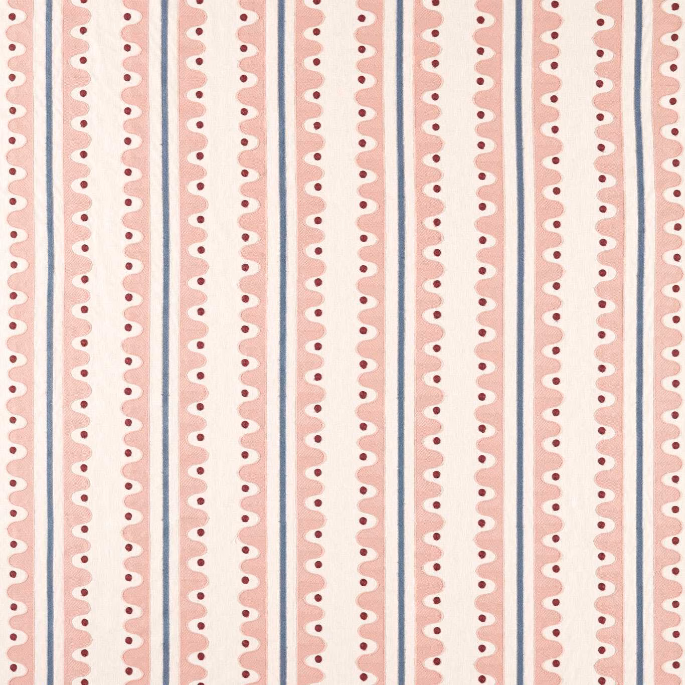 Muted dusk pink vertical stripe with cream scallops, blue-grey lines and burgundy dots