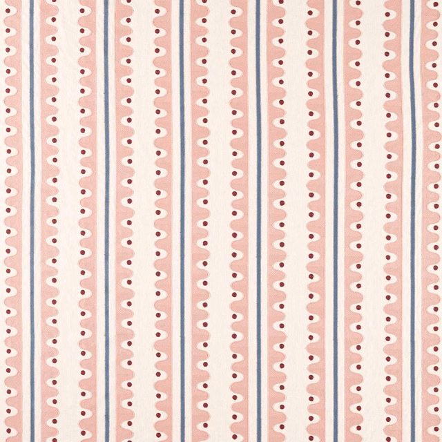 Muted dusk pink vertical stripe with cream scallops, blue-grey lines and burgundy dots