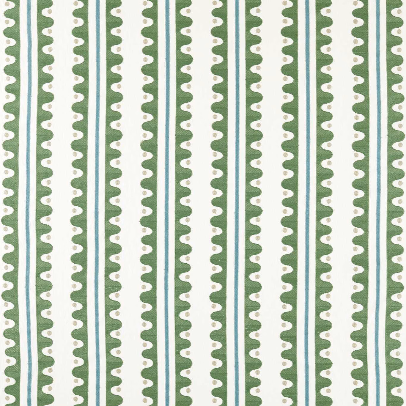 Forest green, teal and cream striped embroidered fabric with scalloped vertical motifs