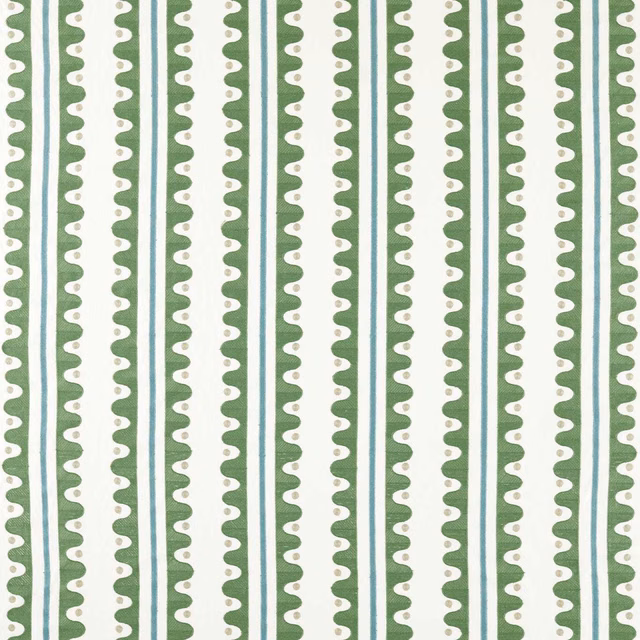 Forest green, teal and cream striped embroidered fabric with scalloped vertical motifs
