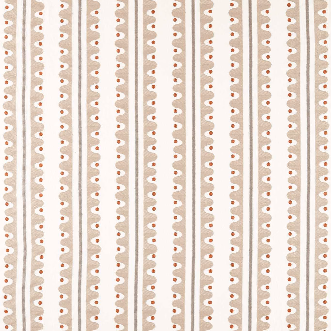 Cream fabric with mushroom vertical stripes, scalloped motifs and russet dots