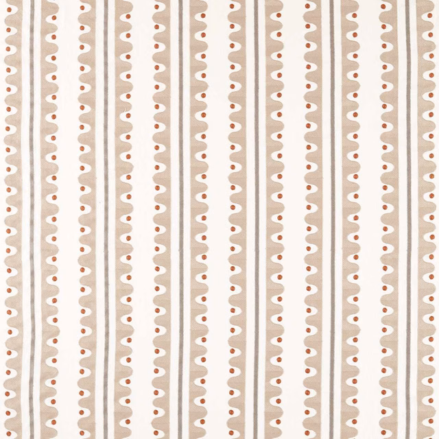 Cream fabric with mushroom vertical stripes, scalloped motifs and russet dots