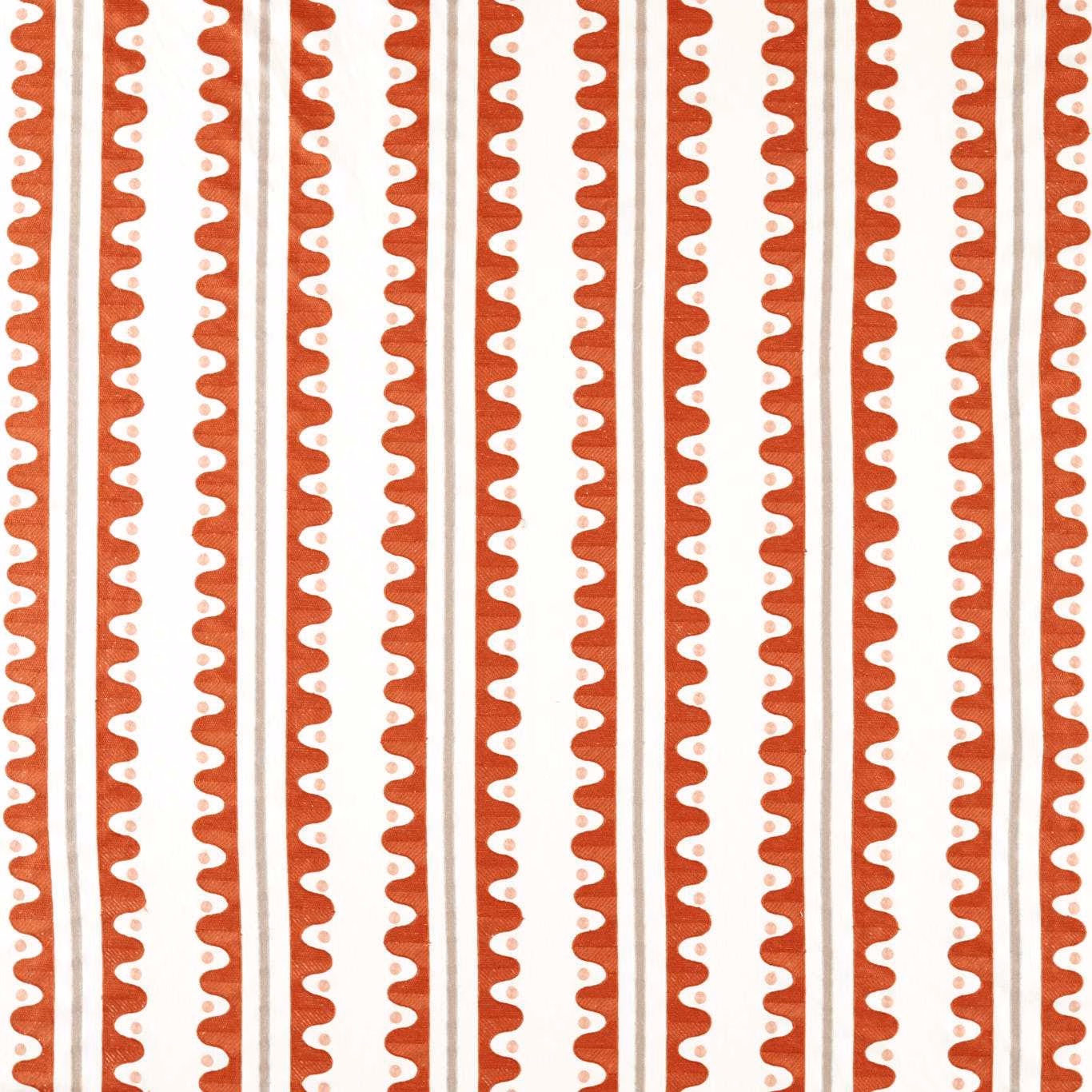 Tomato-red and cream embroidered fabric with repeating scalloped vertical stripes