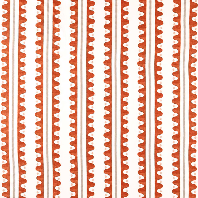 Tomato-red and cream embroidered fabric with repeating scalloped vertical stripes
