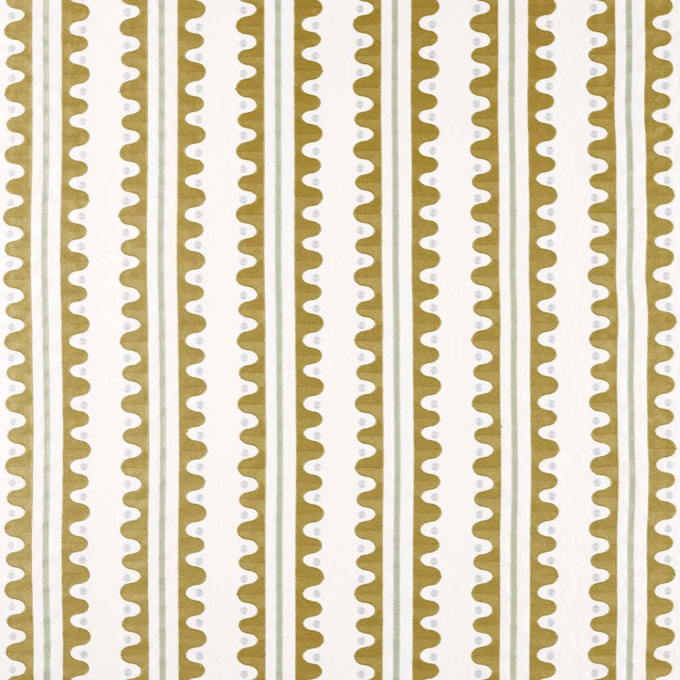 Wheat olive striped fabric with cream scalloped vertical embroidery