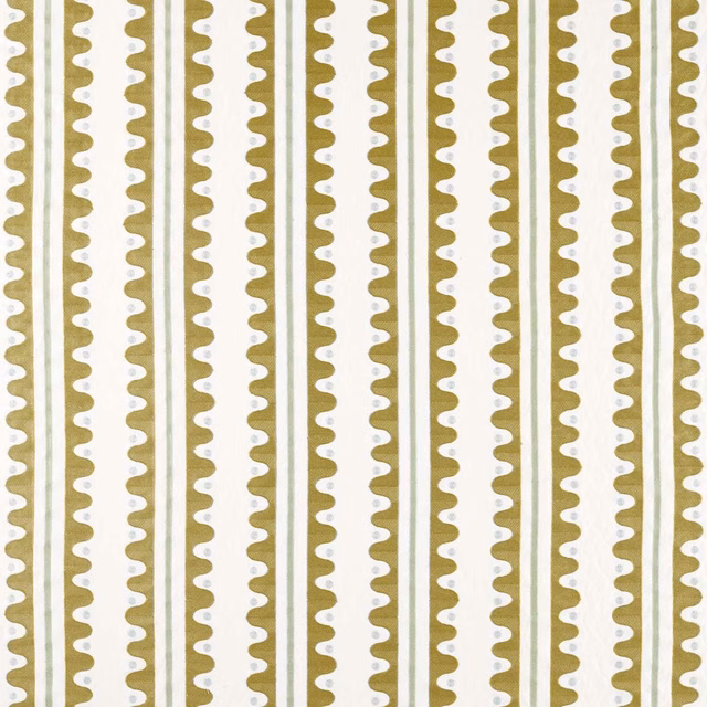 Wheat olive striped fabric with cream scalloped vertical embroidery