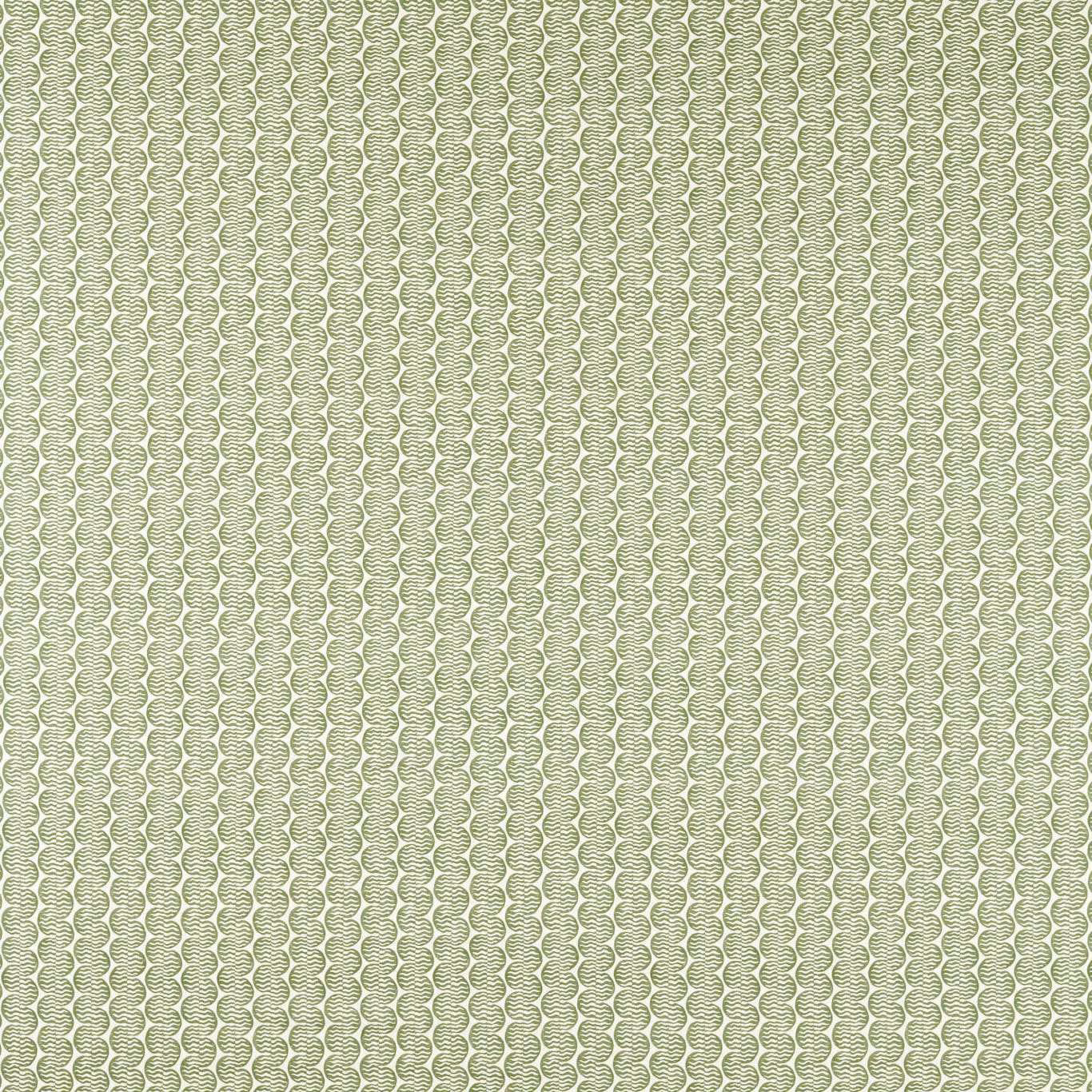Muted pine green fabric with dense cream linked-loop rows and fine geometric rhythm