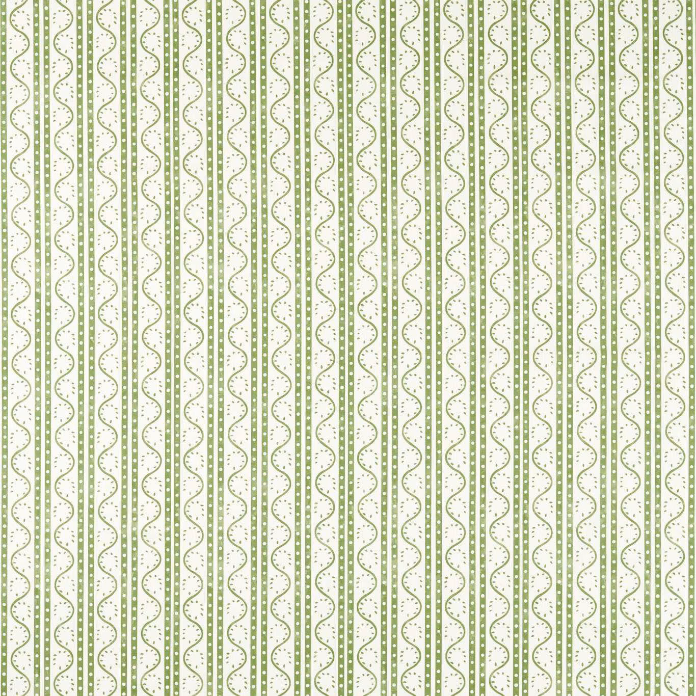 Cream ground with muted pine-green wavy stripes and tiny dotted motifs