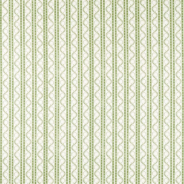 Cream ground with muted pine-green wavy stripes and tiny dotted motifs