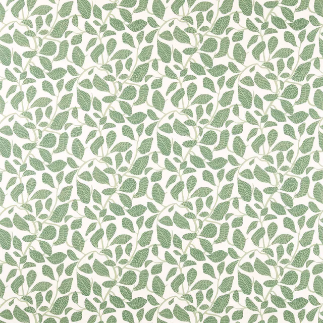 Muted sage leaf print across a warm cream woven fabric ground