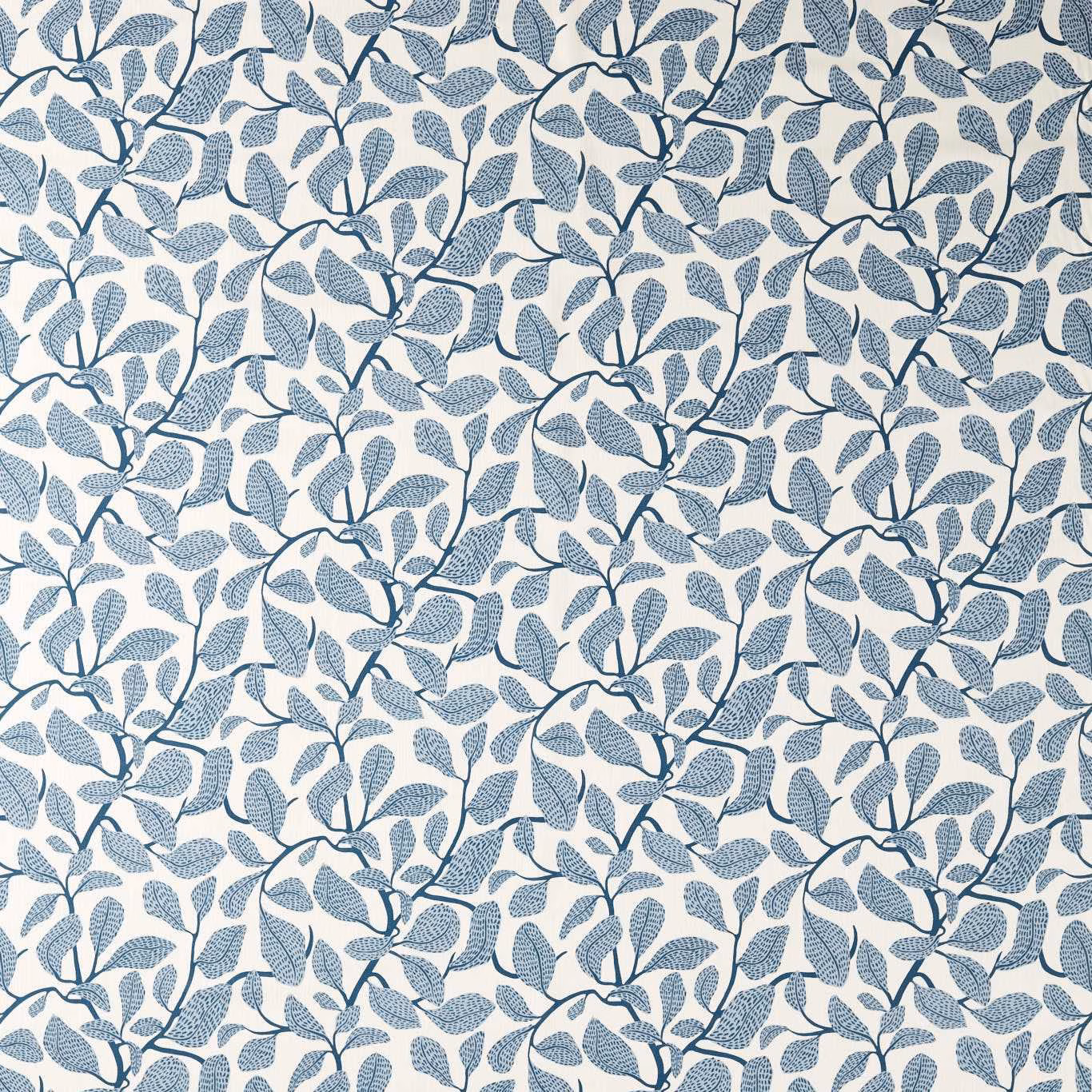 Muted indigo leafy branches across a softly warm ivory botanical fabric ground