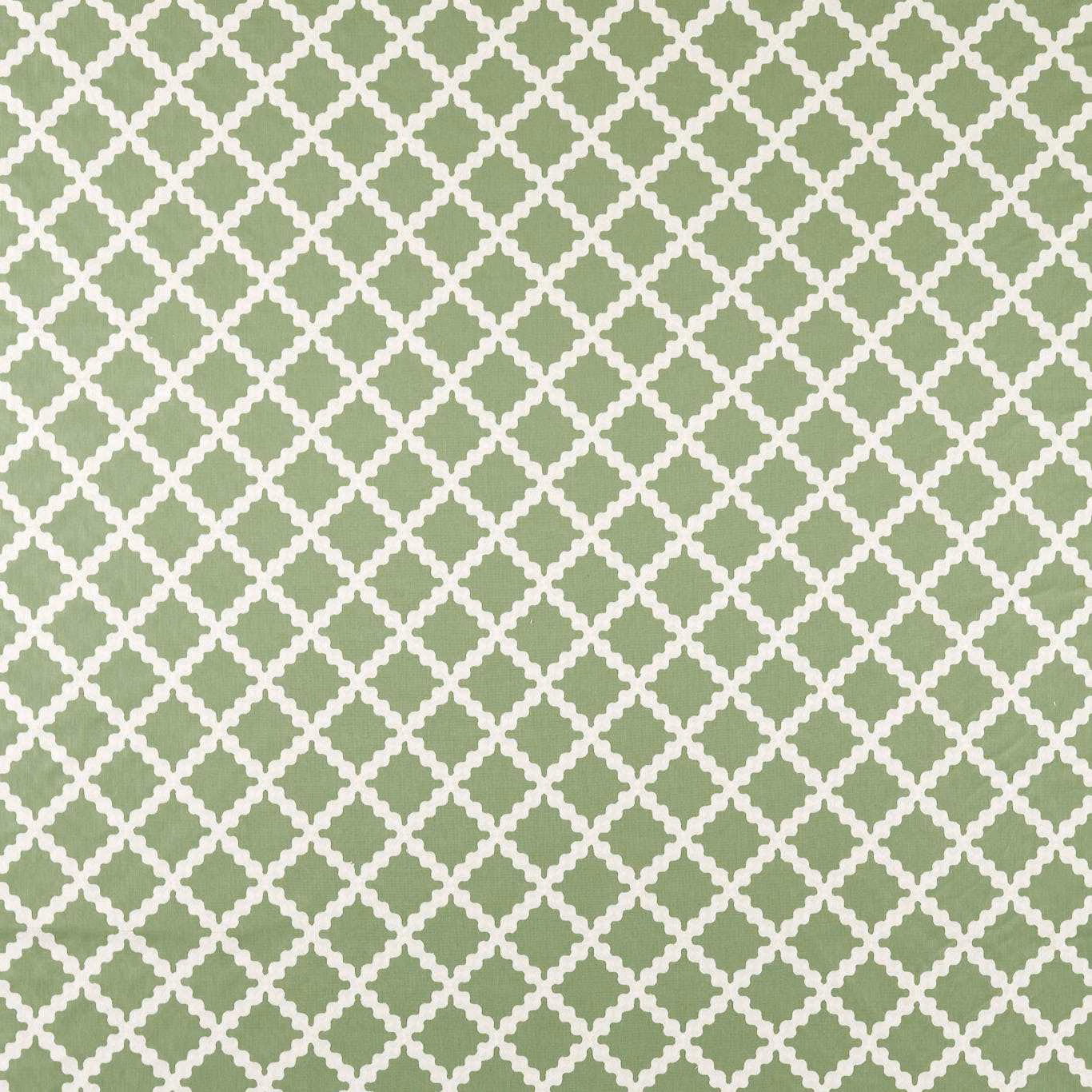 Muted pine green woven fabric with a small cream geometric trellis pattern